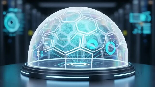 Futuristic Dome with Hexagonal Structure and Neon Lights.