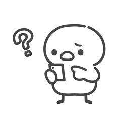 スマホを持って疑問に悩むひよこの手書き線画イラスト © Nitomaru