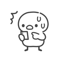 スマートフォンを持って汗をかき驚くひよこの手描き線画イラスト © Nitomaru