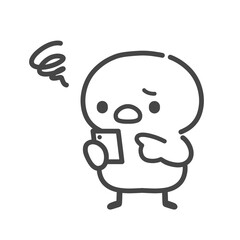 スマホを持ってもやもや悩むひよこの手書き線画イラスト © Nitomaru