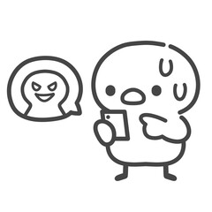 悪意のあるメッセージに不安になるスマートフォンを見るひよこの手描き線画イラスト © Nitomaru