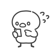 スマートフォンを持って汗をかき驚くひよこの手描き線画イラスト © Nitomaru