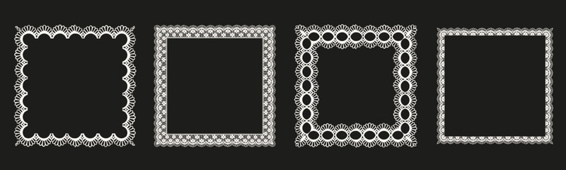 Set squares Lace empty frame isolated black backgorund. Vector vintage dividers and scallop trim collection with delicated Lacy texture. Perfect for social media photo reels stories decor