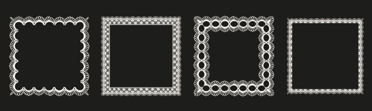 Set squares Lace empty frame isolated black backgorund. Vector vintage dividers and scallop trim collection with delicated Lacy texture. Perfect for social media photo reels stories decor