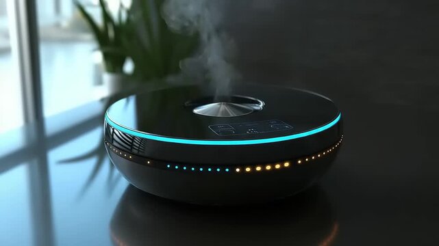 Modern essential oil diffuser emitting mist with blue light and plant background.