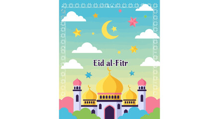 Celebrate Eid al-Fitr with this beautiful illustration featuring a mosque, moon, stars, and festive decorations