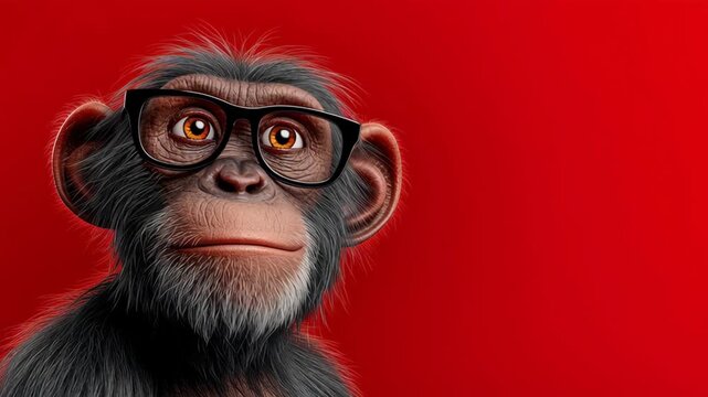 Cartoon monkey with glasses poses against a vibrant red background, showcasing a playful expression and distinct facial features in a series of three connected frames