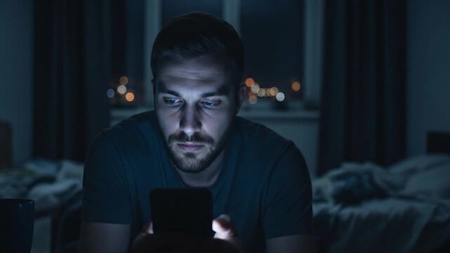 Man looking at phone screen light in dark urban apartment