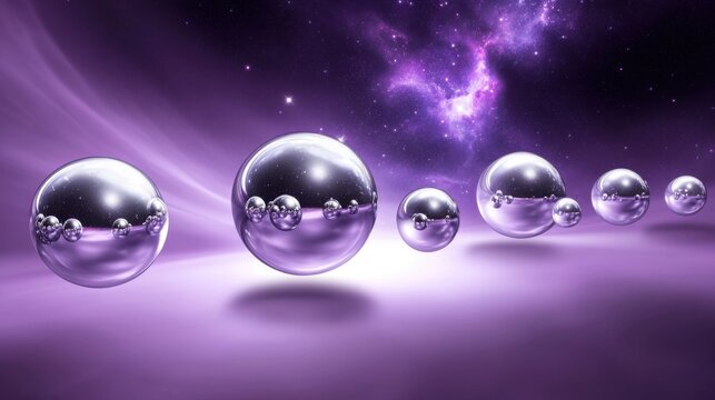 Brilliant metallic spheres of varying sizes suspended in a luminous purple galaxy, with swirling nebulae and cosmic dust creating a deep, ethereal environment.