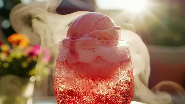 A Refreshing Strawberry Ice Cream Float with Bubbling Soda and Steam on a Sunny Outdoor Patio with Soft Focus Flowers in the Background Creating a Dreamy Atmosphere