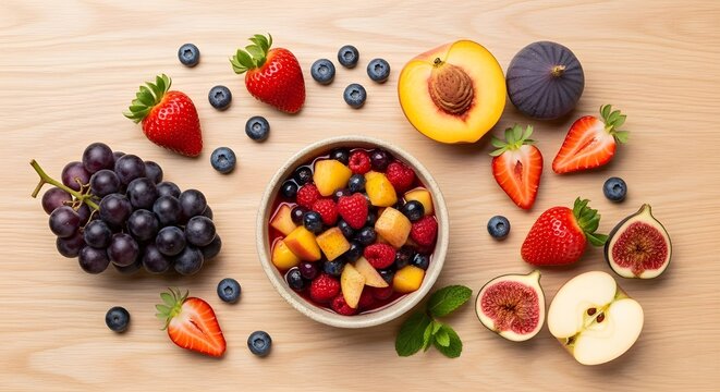 Top view flat lay of colorful fruit compote surrounded by fresh fruits representing seasonal dessert celebration concept.