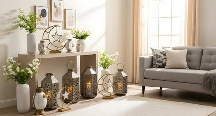 Obraz premium Modern living room interior decorated with lanterns and Islamic ornaments