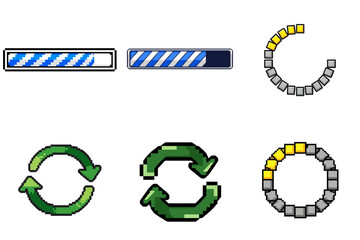 Pixel art loading circular icons with green arrows and blue stripes in a simple graphic design