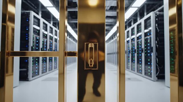 Gleaming Golden Gate Opens to Rows of Server Racks in a Data Center Showing Blue and Green LED Lights Reflecting on Polished Surfaces with a Figure Walking Away.