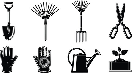 Gardening tools icons set, shovel rake fork scissors gloves watering can and plant pot silhouettes isolated on white background © MdNurIslam