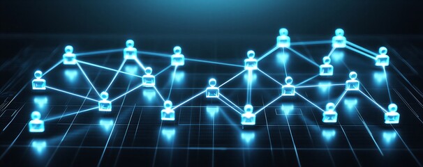 Obraz premium Abstract interconnected network of blue glowing human figures symbolizing global connection and digital communication on a futuristic grid background