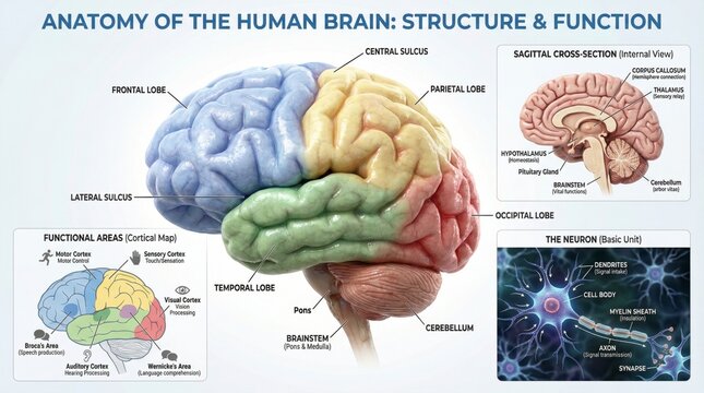 Detailed Diagram of Human Brain Anatomy Highlighting Structure and Function with Labels for Each Brain Region and Neuron