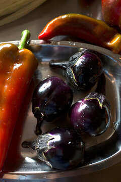Freshly harvested eggplant and bell pepper with water drops, organic garden produce