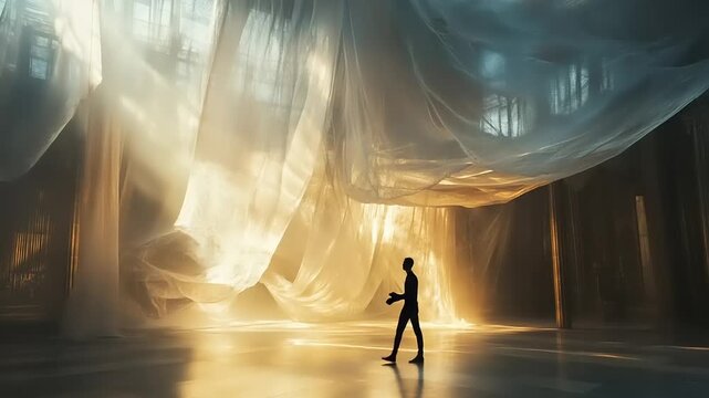 A solitary figure explores a surreal, ethereal environment with flowing fabric.