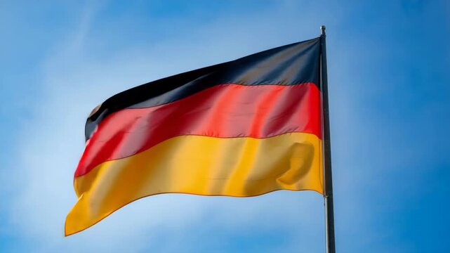 German flag waving proudly against blue sky with white clouds