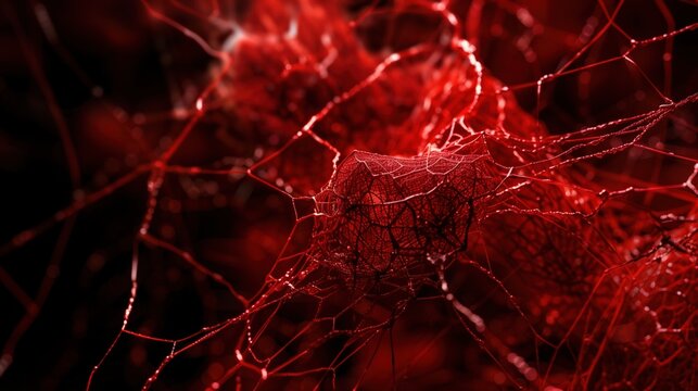 Bleeding Disorders Awareness Month: Scientific macro photography of fibrin protein strands forming mesh network, extreme close-up of clotting process, delicate thread-like structures in deep red