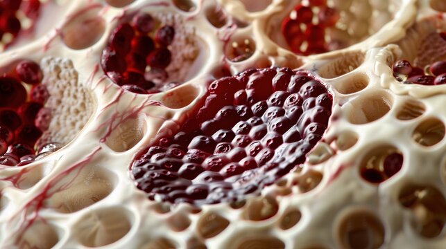 Bleeding Disorders Awareness Month: cross-section view of bone marrow tissue producing blood cells, scientific specimen photography, rich organic textures, burgundy and cream color palette