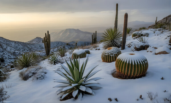Paisaje des&eacute;rtico inusual con cactus barril y saguaros cubiertos por una capa de nieve fresca al amanecer