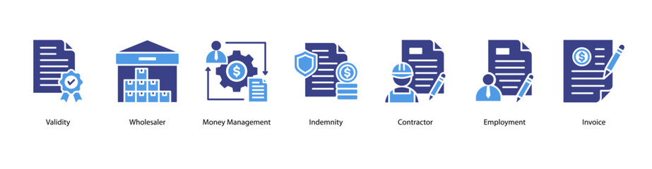 Commercial Agreement web banner featuring Validity, Wholesaler, Money Management, Indemnity, Contractor, Employment, and Invoice for reliable trade and financial operations.