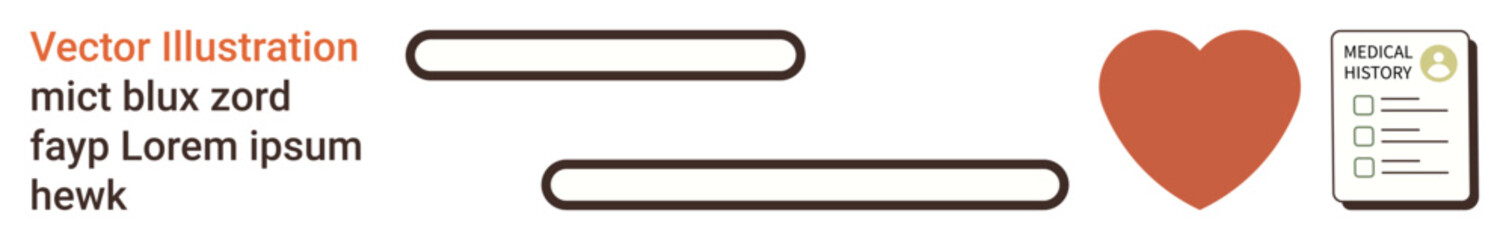 Healthcare, patient records, wellness, medical history, documentation, heart health. Visual includes red heart and medical history document. Healthcare and patient records concept