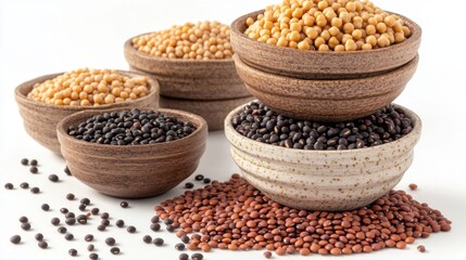 Fototapeta premium Artfully stacked ceramic bowls brimming with a vibrant collection of colorful and diverse dried legumes and beans, meticulously arranged on a clean white surface.