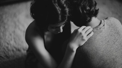 Obraz premium Emotional embrace between two lovers intimate setting black and white photograph warm mood close-up view connection