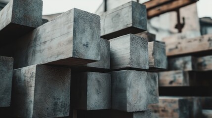 A substantial and sturdy stack of rough, unvarnished wooden beams, clearly weathered and aged, standing ready for a variety of construction projects.