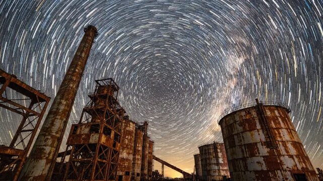 Abandoned industrial site under starry night sky with Milky Way visible above rusting factories and silos