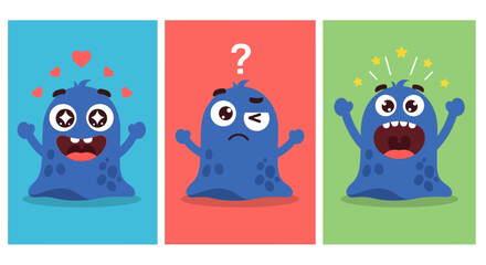 Fototapeta premium Cute Blue Monster Expressing Emotions: Love, Confusion, and Excitement