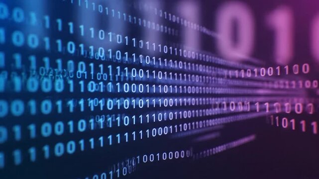 Digital data stream with glowing binary code in blue and purple hues
