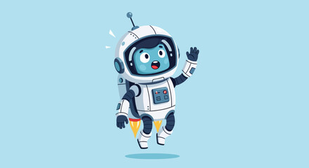 Fototapeta premium Cute Blue Robot Astronaut Waving Hello, Flying in Space with Jetpack
