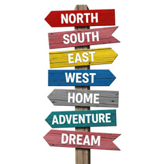 Colorful wooden direction signs pointing to different directions isolated on transparent background