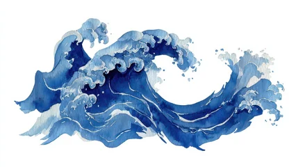 Handdoek met foto Kristal Japanese Style Illustration of Rushing Blue Waves on White Background  © RikaCreative