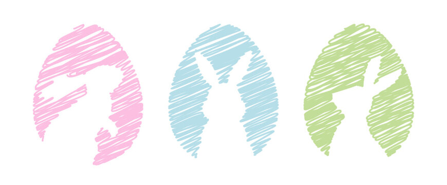 Pastel diagonal scribble Easter egg collection.
Hand drawn scribble Easter egg with bunny pattern vector set.
Cute doodle style Easter egg and bunny sketch illustration.
Transparent background. SVG.