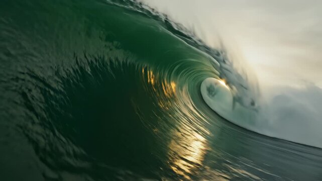 Large ocean wave curling at sunset