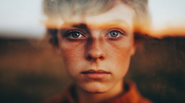 A close-up portrait of a young person with freckles, gazing intently, capturing a serene yet thoughtful expression against a blurred background.