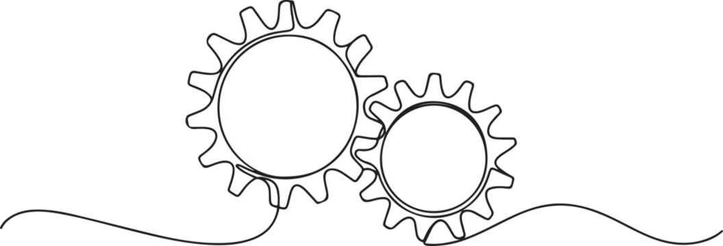 Gears in one continuous line drawing. Continuous single line illustration of gears wheels. Two moving cog gear.one line icon illustration with white background