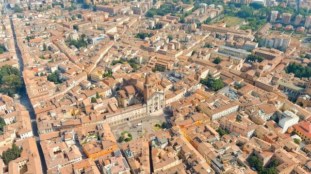 Piacenza, Italy. Cathedral of Piacenza. Episcopal Palace. Historical city center. Summer day. Drone footage