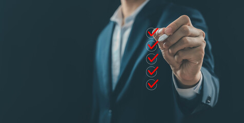 Tick the checkmark in the survey item, and tick mark evaluation in the options check form online. Concept of task audit in a list of documents, checklist, process order, detail business verify task