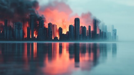 Fototapeta premium A dramatic cityscape engulfed in flames and smoke, reflecting on a water surface, evoking themes of destruction and chaos.
