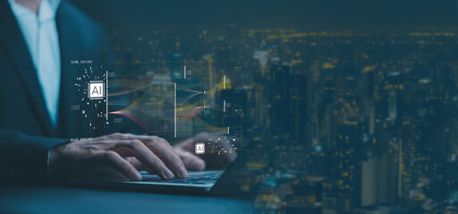 Analyst manages the system database, AI analysis data plans, and reports. shows a dashboard chart on the computer. research on digital platform technology. ai analytics business concept