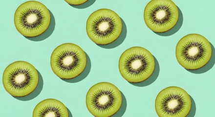 Fototapeta premium A vibrant, overhead view of sliced kiwis, showcasing their intricate seed patterns and bright green flesh against a solid turquoise background, creating a visually appealing, symmetrical pattern