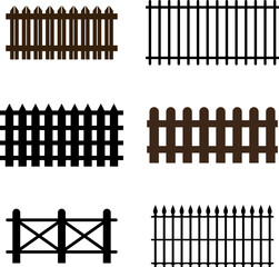 Fence icons set. Simple Wooden village metal Fence, Picket Fence Vector Illustration Isolated on transparent background