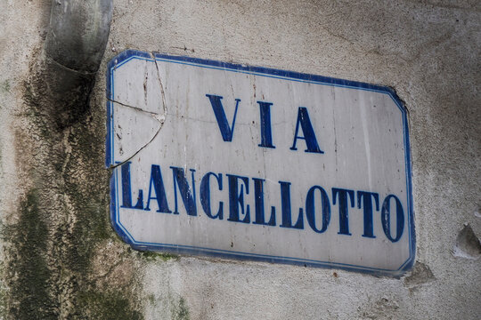 Street sign Via Lancellotto in Finalborgo medieval village in liguria italy