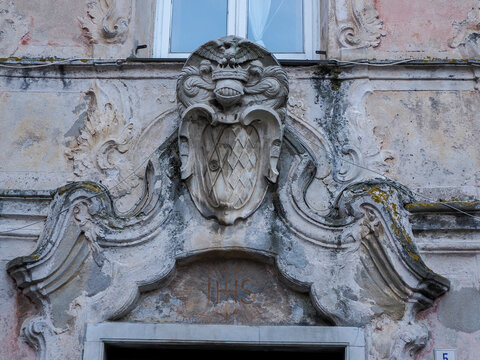 old bas relief detail in finalborgo medieval village in liguria italy